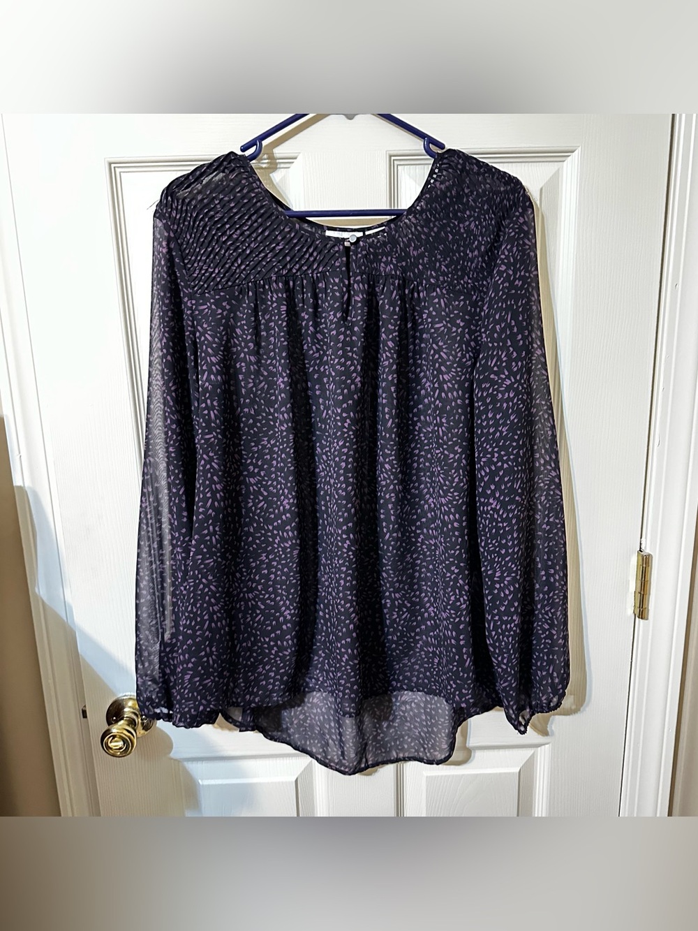Sheer Navy Blouse with Lilac Fleck Print